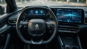 Peugeot汽車內飾，配備數碼儀表板和觸控屏幕，顯示藍色高速公路地圖。