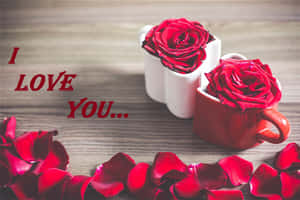 兩朵紅玫瑰在馬克杯中，散落花瓣和「I LOVE YOU...」文字在木頭上。