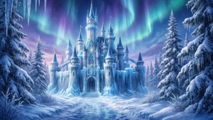 在發光的北極光下，白雪皚皚的森林中的一座冰凍城堡。
