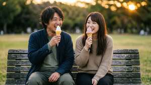 一對微笑的情侶在公園長椅上吃雪糕，正值金色夕陽時分。
