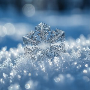 雪地上的詳細雪花，藍色模糊背景