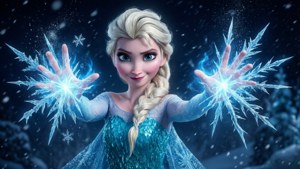 《魔雪奇緣》的愛莎在雪夜場景中創造閃耀的冰魔法和雪花