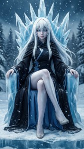 一位白髮女性坐在冰雪森林中的冰王座上，身穿黑色斗篷和藍色連衣裙。