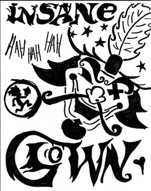 一幅手繪的黑白插圖，描繪一個大笑的小丑，上方有「INSANE」這個詞。 — 插畫 壁紙