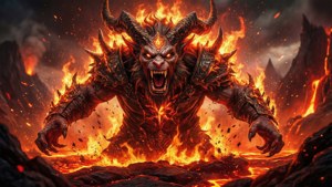 一個帶有角和盔甲的惡魔生物，站在充滿熔岩的火山景觀中。