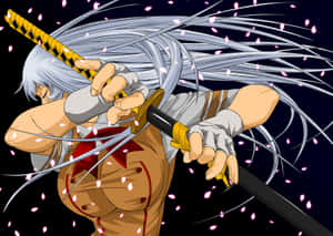 銀發動漫戰士揮舞武士刀，櫻花花瓣在他周圍飄落。