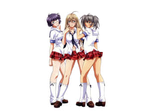 三個穿著水手服的動漫女學生一起擺姿勢。