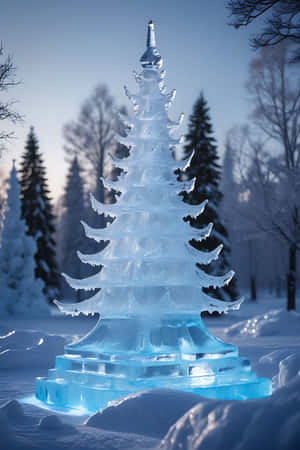 雪地森林中的一座大型藍色冰聖誕樹雕塑。
