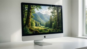 白色桌子上的銀色 iMac，顯示帶有山脈和陽光的森林壁紙