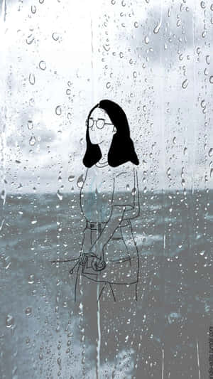 戴眼鏡的女子透過濺滿雨水的窗戶望向灰色的大海。