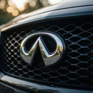 金色散景背景的黑色六角形汽車格柵上的鍍鉻 Infiniti 標誌