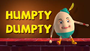 Humpty Dumpty卡通角色在磚牆上保持平衡，後面有黃色文字。