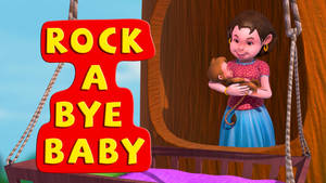 卡通女性在樹屋鞦韆上抱著小猴子，標語牌寫著「Rock a Bye Baby」。