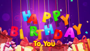 Happy Birthday文字懸掛在帶有紅色蝴蝶結的禮物盒上方，背景為紫色。
