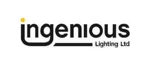 白色背景上，Ingenious Lighting Ltd 的標誌，黑色文字和黃色圓點。