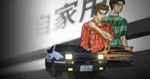 兩個動漫角色在聚光燈下與復古賽車擺姿勢。