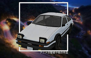 動漫風格的白色AE86跑車鑲嵌在發光夜景背景中。