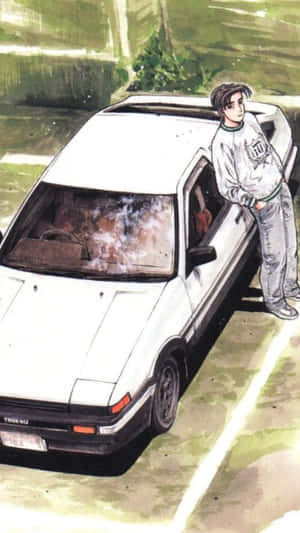 年輕動漫男孩靠在路邊的白色AE86跑車上。