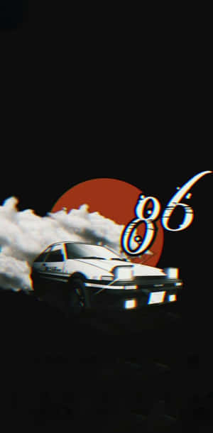 白色AE86飄移車，在黑暗天空和紅太陽背景下帶有煙霧和'86'文字。