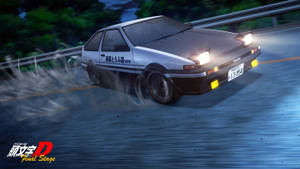 銀色AE86在潮濕道路上漂移，伴隨著煙霧和明亮的車頭燈。