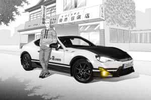 動漫風格的男孩靠在豆腐店前的白色跑車上。