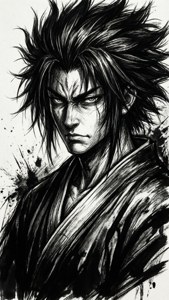 一個兇猛的武士，有著狂野的黑髮和銳利的眼神，在黑白水墨畫中。