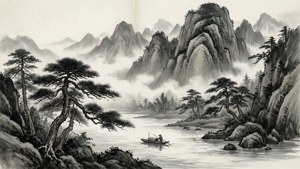 一位漁夫划船穿過霧氣瀰漫的河流，周圍是松樹和山脈，以傳統水墨畫風格呈現。