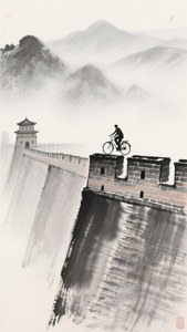 一個人在長城上騎單車，背景是霧氣繚繞的山巒。