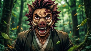 兇猛的野豬頭惡魔，紅髮，在落葉森林中咆哮