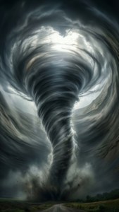 一個大型龍捲風漏斗雲，在鄉村道路上著陸，伴隨著旋轉的碎片。