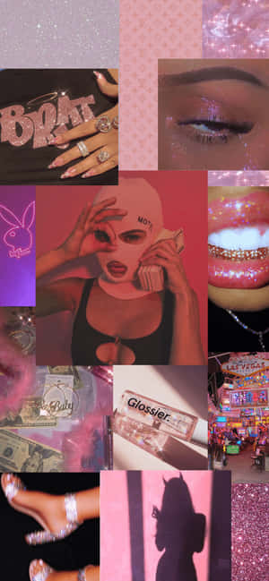 奢華時尚、化妝和霓虹燈的鮮豔粉紅色拼貼畫。