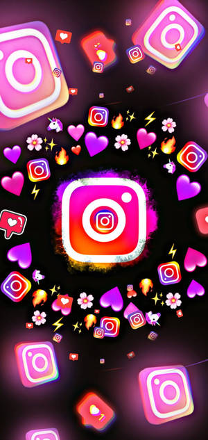 在黑暗背景上被心形、花朵和閃光包圍的發光Instagram標誌