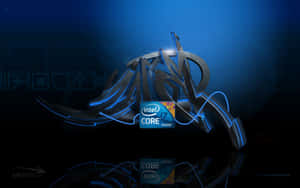 發光的藍色Intel Core i7標誌，周圍環繞著抽象的金屬設計。 — 塗鴉 壁紙