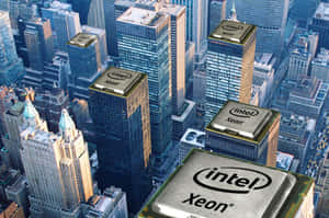 Intel Xeon 處理器晶片在日落時分聳立於城市天際線之上。 — MacBook Pro M4 壁紙