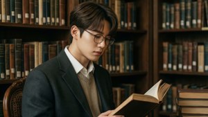戴眼鏡的年輕男子在木架圖書館閱讀書籍