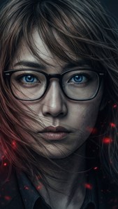 一位擁有藍色眼睛和眼鏡的女性被發光的紅色粒子包圍。