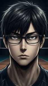戴眼鏡的年輕動漫男子在排球場上看起來嚴肅