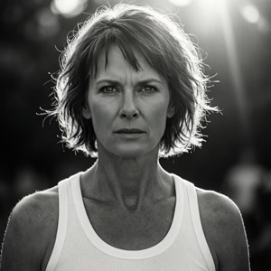 一位短髮凌亂、身穿白色背心的女性，直視鏡頭。