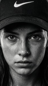 一名汗流浹背的女子戴著Nike帽子，在黑白肖像中專注地凝視鏡頭。