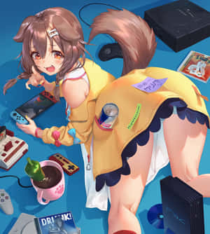 動漫女孩有狐狸尾巴，被遊戲設備包圍在藍色地板上。