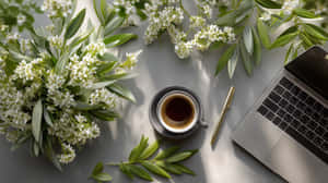 白色花朵、綠葉、咖啡杯和手提電腦在灰色辦公桌上，自然光下