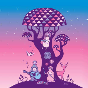 音樂家和一隻鹿在星光燦爛的暮色場景中聚集在一棵幾何樹下。 — 音樂美學 壁紙