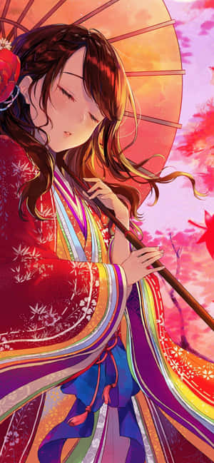 動漫女孩穿著彩色和服在櫻花天空下撐著紅色陽傘。 — Pixel 7a 壁紙