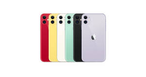 六款iPhone 11型號，紅色、黃色、白色、綠色、黑色和紫色，排成一排