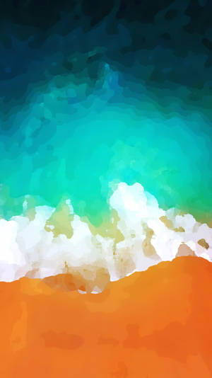 綠松石色海浪在風格化的數位繪畫中拍打橙色沙灘。