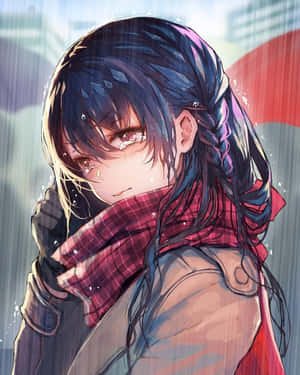 動漫女孩在雨中哭泣，傘下緊握圍巾