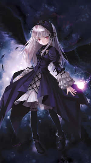 淺色頭髮和深色連衣裙的動漫女孩在宇宙空間中漂浮，伴隨著發光的粒子。