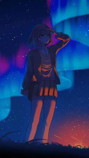 動漫女孩凝視著色彩繽紛的極光和夜空中的星星