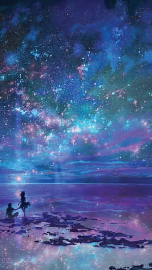 兩個人影映襯著星光燦爛的宇宙天空，倒映在水中。