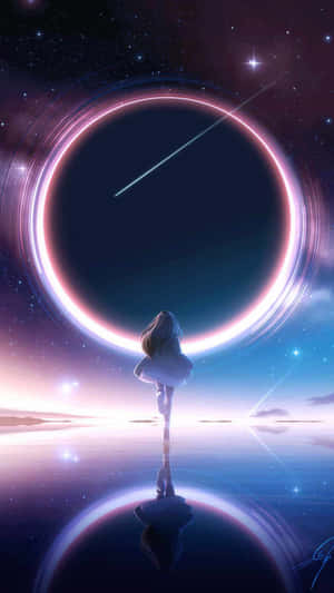 白衣女孩站在星光暮色天空中發光的宇宙環前，帶倒影。